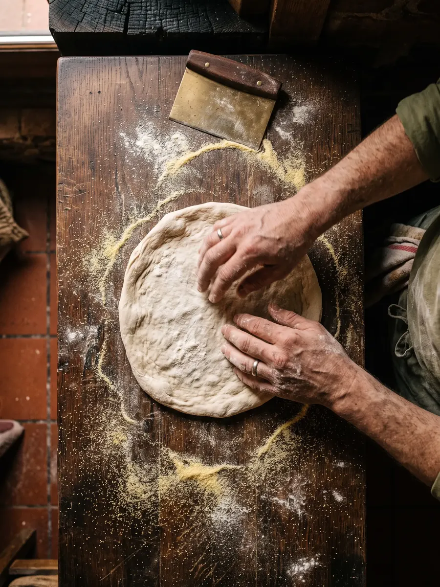 Hands stretching pizza dough on a floured wooden counter
