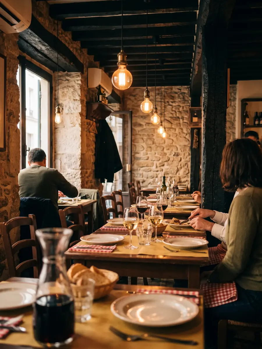 The warm interior of the dining room in the evening